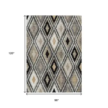 8' X 10' Black Ivory And Beige Geometric Washable Indoor Outdoor Area Rug