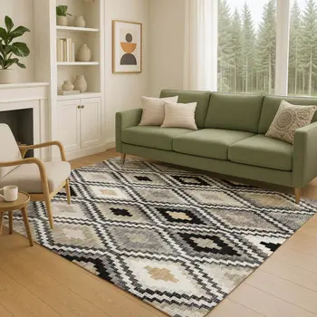 8' X 10' Black Ivory And Beige Geometric Washable Indoor Outdoor Area Rug