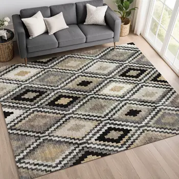 8' X 10' Black Ivory And Beige Geometric Washable Indoor Outdoor Area Rug