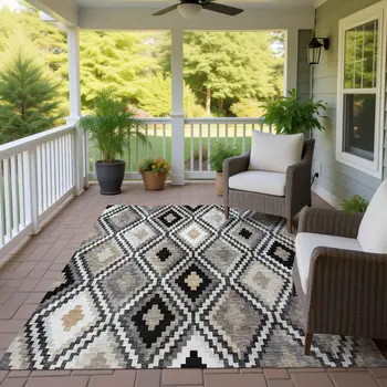 8' X 10' Black Ivory And Beige Geometric Washable Indoor Outdoor Area Rug