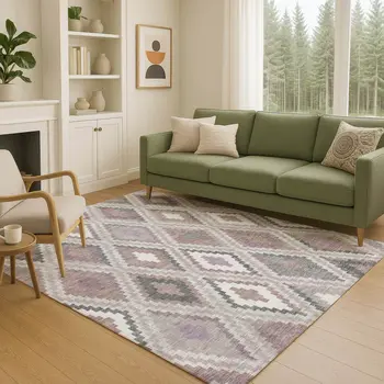 3' X 5' Blush Ivory And Gray Geometric Washable Indoor Outdoor Area Rug