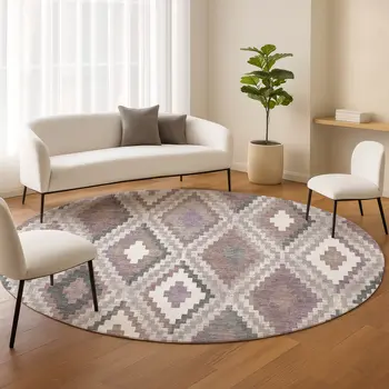 8' Blush Ivory And Gray Round Geometric Washable Indoor Outdoor Area Rug