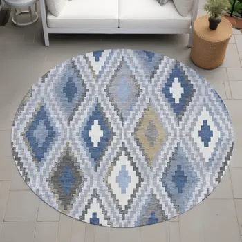 8' Denim Blue Gray And Ivory Round Geometric Washable Indoor Outdoor Area Rug
