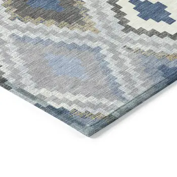 8' Denim Blue Gray And Ivory Round Geometric Washable Indoor Outdoor Area Rug