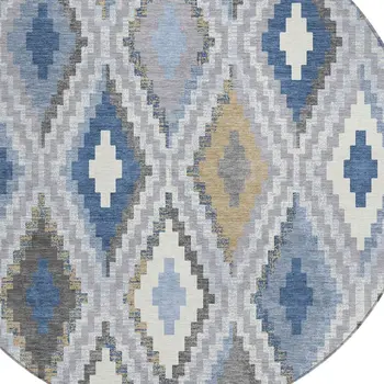 8' Denim Blue Gray And Ivory Round Geometric Washable Indoor Outdoor Area Rug
