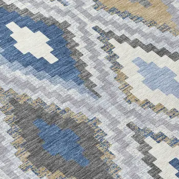 8' Denim Blue Gray And Ivory Round Geometric Washable Indoor Outdoor Area Rug