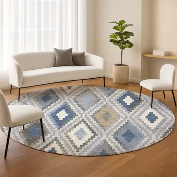 8' Denim Blue Gray And Ivory Round Geometric Washable Indoor Outdoor Area Rug