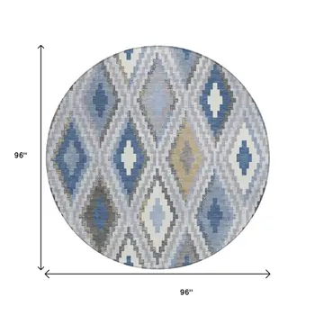 8' Denim Blue Gray And Ivory Round Geometric Washable Indoor Outdoor Area Rug