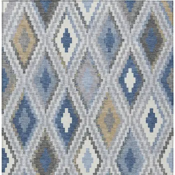 8' X 10' Denim Blue Gray And Ivory Geometric Washable Indoor Outdoor Area Rug