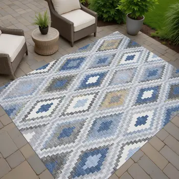 8' X 10' Denim Blue Gray And Ivory Geometric Washable Indoor Outdoor Area Rug