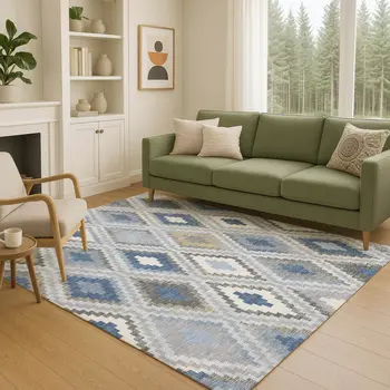 8' X 10' Denim Blue Gray And Ivory Geometric Washable Indoor Outdoor Area Rug
