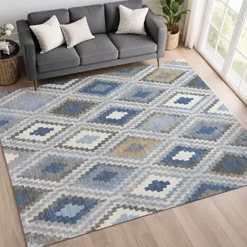 8' X 10' Denim Blue Gray And Ivory Geometric Washable Indoor Outdoor Area Rug