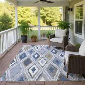 8' X 10' Denim Blue Gray And Ivory Geometric Washable Indoor Outdoor Area Rug
