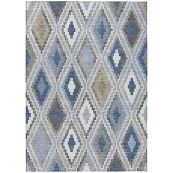 9' X 12' Denim Blue Gray And Ivory Geometric Washable Indoor Outdoor Area Rug