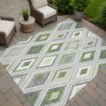 5' X 8' Fern Green Gray And Ivory Geometric Washable Indoor Outdoor Area Rug