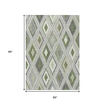 5' X 8' Fern Green Gray And Ivory Geometric Washable Indoor Outdoor Area Rug