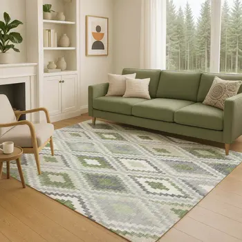 5' X 8' Fern Green Gray And Ivory Geometric Washable Indoor Outdoor Area Rug
