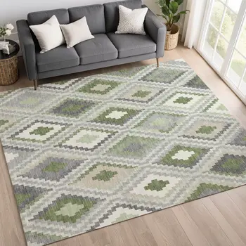5' X 8' Fern Green Gray And Ivory Geometric Washable Indoor Outdoor Area Rug