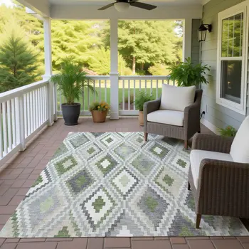 5' X 8' Fern Green Gray And Ivory Geometric Washable Indoor Outdoor Area Rug