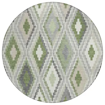 8' Fern Green Gray And Ivory Round Geometric Washable Indoor Outdoor Area Rug
