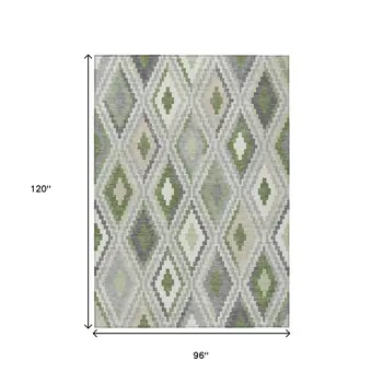 8' X 10' Fern Green Gray And Ivory Geometric Washable Indoor Outdoor Area Rug