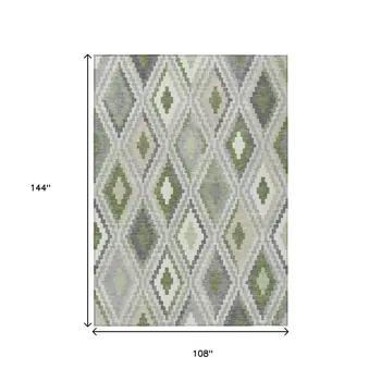 9' X 12' Fern Green Gray And Ivory Geometric Washable Indoor Outdoor Area Rug