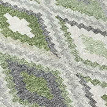 9' X 12' Fern Green Gray And Ivory Geometric Washable Indoor Outdoor Area Rug