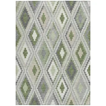 10' X 14' Fern Green Gray And Ivory Geometric Washable Indoor Outdoor Area Rug