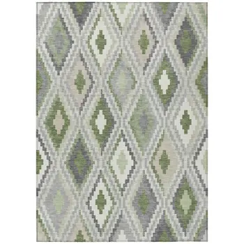 10' X 14' Fern Green Gray And Ivory Geometric Washable Indoor Outdoor Area Rug