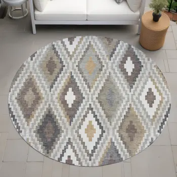 8' Taupe Gold And Ivory Round Geometric Washable Indoor Outdoor Area Rug
