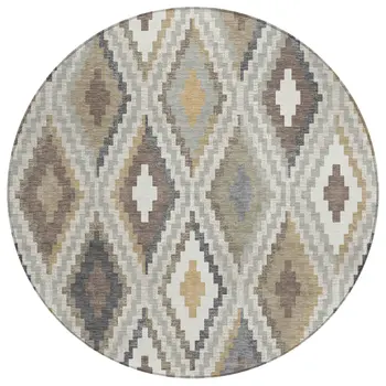 8' Taupe Gold And Ivory Round Geometric Washable Indoor Outdoor Area Rug