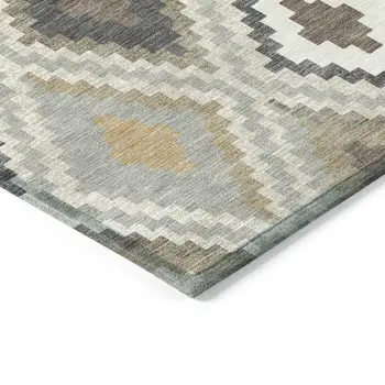 8' Taupe Gold And Ivory Round Geometric Washable Indoor Outdoor Area Rug
