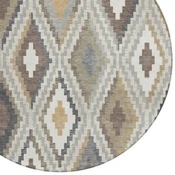 8' Taupe Gold And Ivory Round Geometric Washable Indoor Outdoor Area Rug