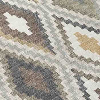 8' Taupe Gold And Ivory Round Geometric Washable Indoor Outdoor Area Rug