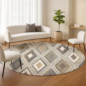 8' Taupe Gold And Ivory Round Geometric Washable Indoor Outdoor Area Rug