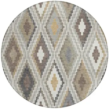 8' Taupe Gold And Ivory Round Geometric Washable Indoor Outdoor Area Rug