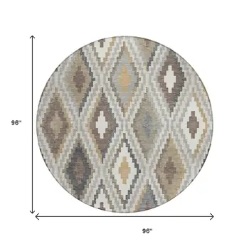 8' Taupe Gold And Ivory Round Geometric Washable Indoor Outdoor Area Rug