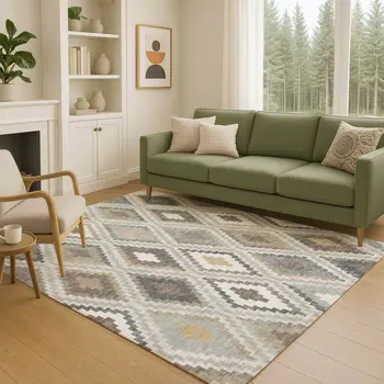 9' X 12' Taupe Gold And Ivory Geometric Washable Indoor Outdoor Area Rug