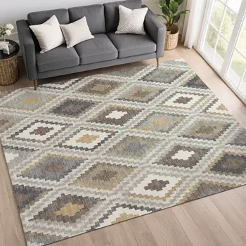 9' X 12' Taupe Gold And Ivory Geometric Washable Indoor Outdoor Area Rug