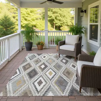 9' X 12' Taupe Gold And Ivory Geometric Washable Indoor Outdoor Area Rug