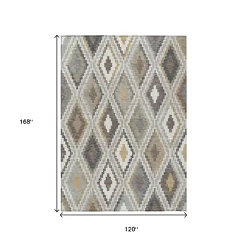 10' X 14' Taupe Gold And Ivory Geometric Washable Indoor Outdoor Area Rug