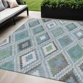 5' X 8' Teal Blue Ivory And Green Geometric Washable Indoor Outdoor Area Rug