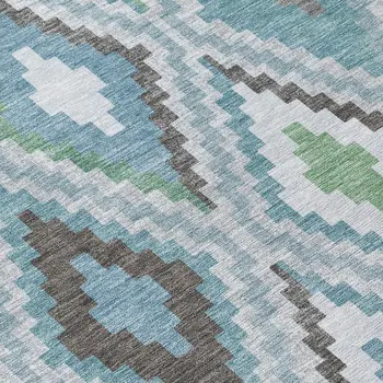 5' X 8' Teal Blue Ivory And Green Geometric Washable Indoor Outdoor Area Rug