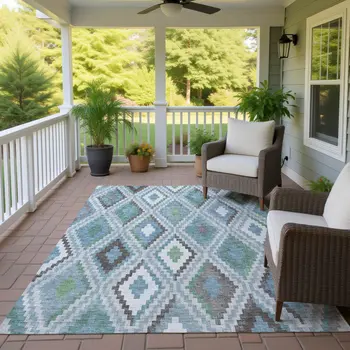 8' X 10' Teal Blue Ivory And Green Geometric Washable Indoor Outdoor Area Rug