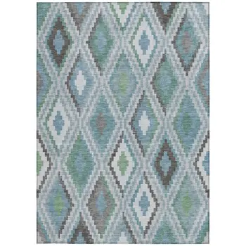 9' X 12' Teal Blue Ivory And Green Geometric Washable Indoor Outdoor Area Rug