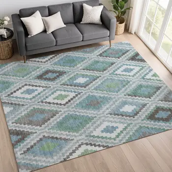 9' X 12' Teal Blue Ivory And Green Geometric Washable Indoor Outdoor Area Rug