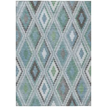 10' X 14' Teal Blue Ivory And Green Geometric Washable Indoor Outdoor Area Rug