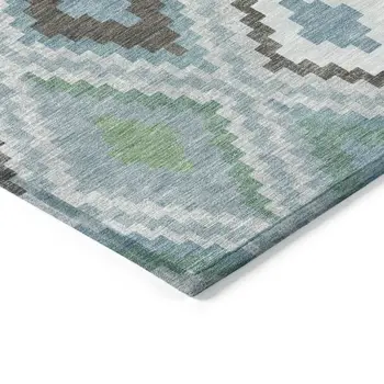 10' X 14' Teal Blue Ivory And Green Geometric Washable Indoor Outdoor Area Rug