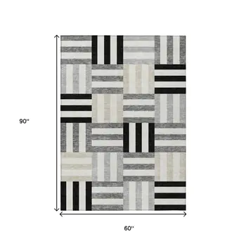 5' X 8' Black Beige And Ivory Geometric Washable Indoor Outdoor Area Rug