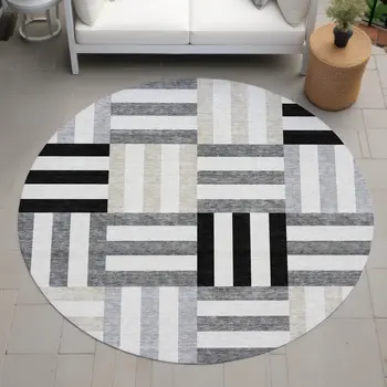 8' Black Beige And Ivory Round Geometric Washable Indoor Outdoor Area Rug